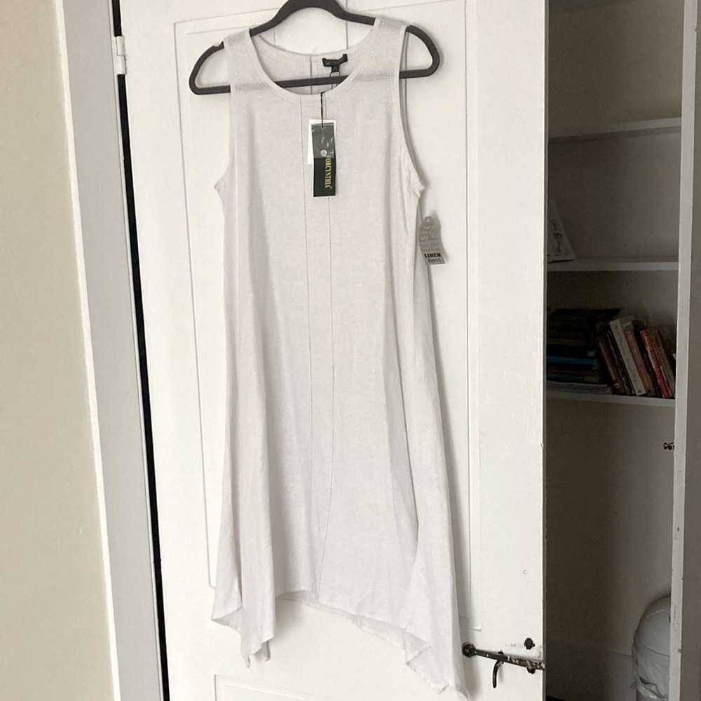For Cynthia, white, linen blend midi dress.  Handkerchief hem. Size M.